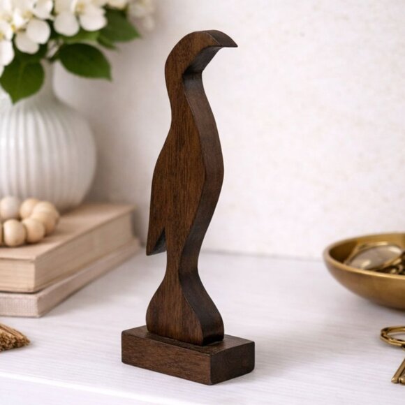 Unbranded Other - Hand-Carved Wooden Bird Figurine Vintage 8" Tall Decorative Sculpture With Base